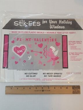 Vintage Stik-ees "Be My Valentine" Pink Window Decal Set Hearts Cupid